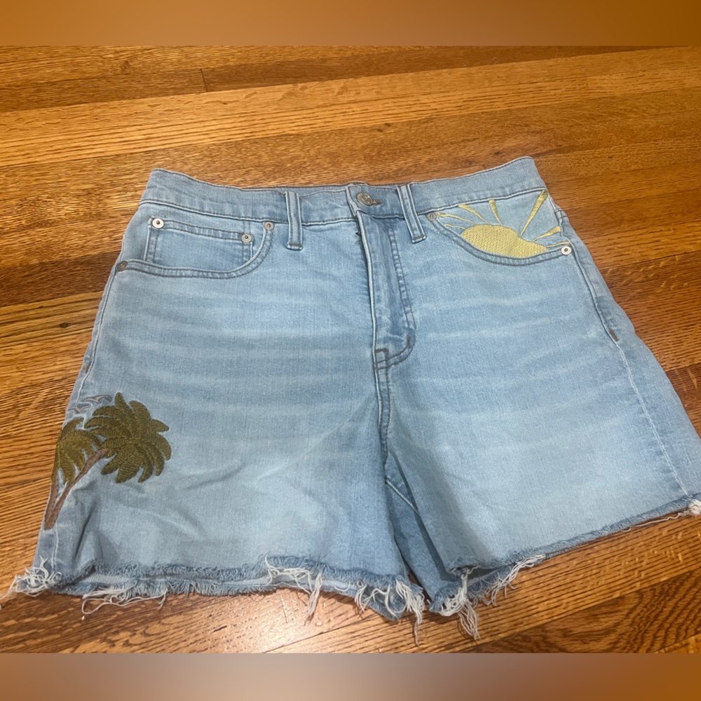 Madewell Sun Palm Tree Embroidered Cut Off Raw Hem Denim Jean Shorts - size 28